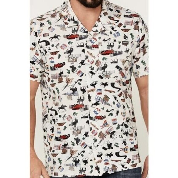 Cinch Men's XL Short Sleeve Camp Rodeo Road Print Button Up Shirt White - Picture 1 of 3
